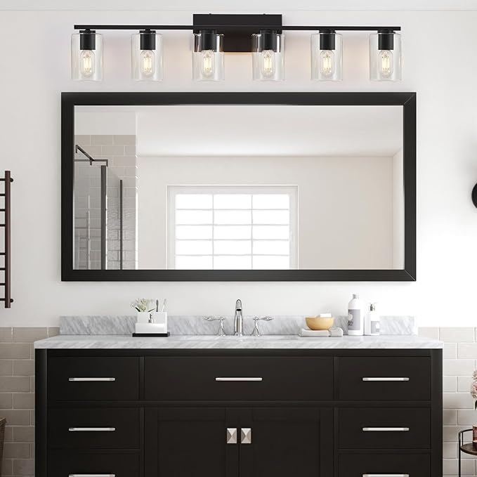 Black Bathroom Vanity Lighting Over Mirror,6 Light Bathroom Vanity Lights with Clear Glass Shade,Metal Vanity Lights for Bathroom,Bedroom,Living Room