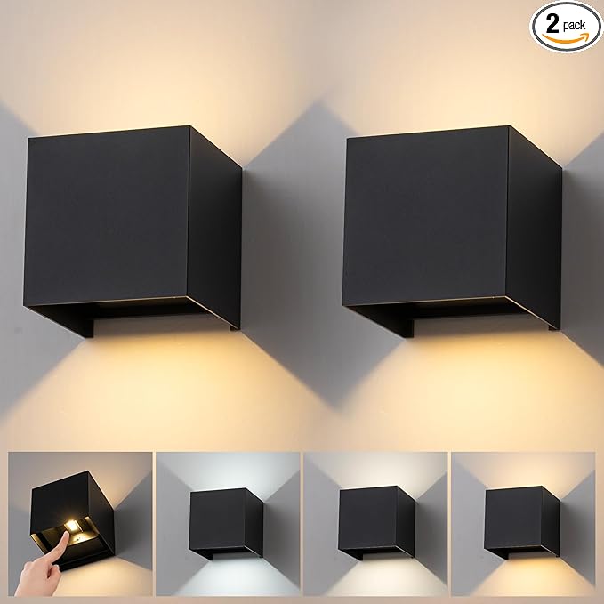 2 Pack LED Outdoor Wall Light Exterior/Interior,Modern Black Square Aluminum Up Down Light Outdoor Set,Variable Beam IP65 Waterproof Lights.15W 3-Color-Changeable Outside Exterior Lighting Fixtures.