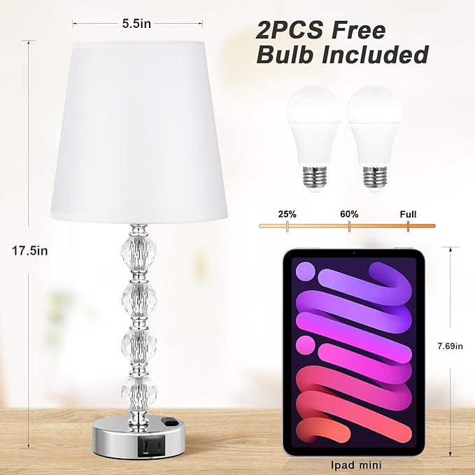 Acaxin Crystal Table Lamp Set of 2 for Bedroom/Living Room, 17.5in (White)