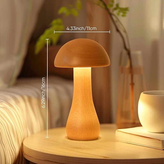 2 Pack Wooden Mushroom Lamp, Portable Cordless Small Rechargeable Battery Operated Lamp,Stepless Dimming,Night Light for Birthday Gifts
