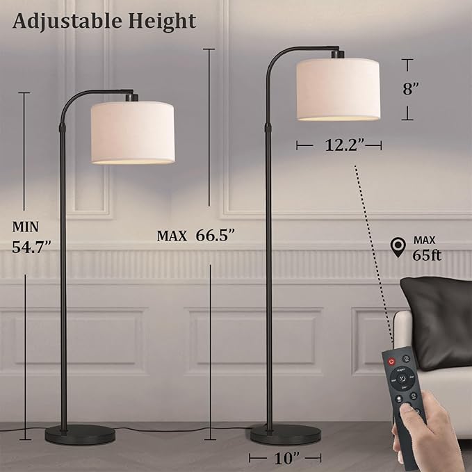 Black Floor Lamp with Remote Control, 1200 Lumens Adjustable Height Arc Floor Lamps for Living Room, Black Standing Lamp Dimmable for Bedroom, Office, LED Smart Bulb Included