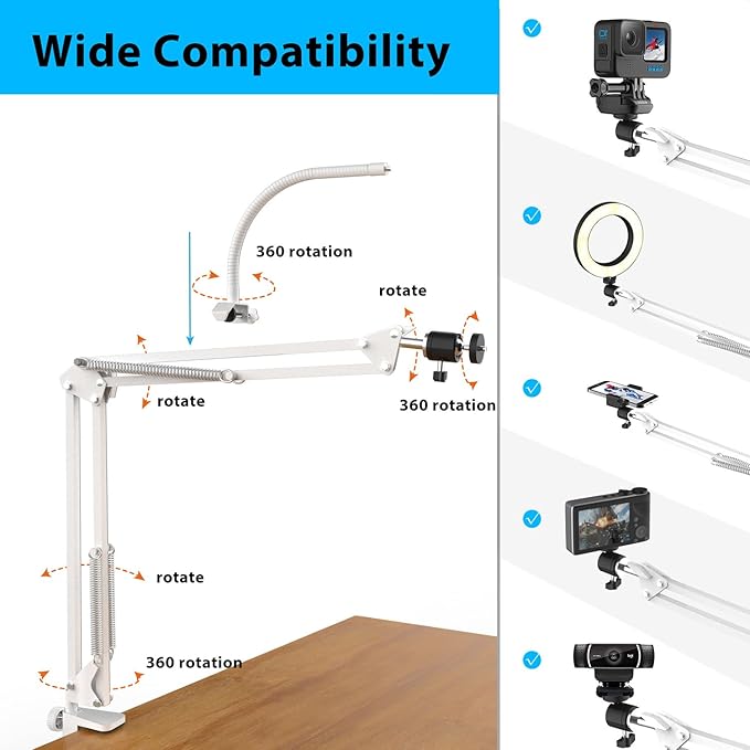 White Overhead Camera Mount with Ring Light, Desk Flexible Articulating Phone Arm Stand Compatible with iPhone, Content Creator Essentials for YouTube Live Stream Cooking Nail Video Recording