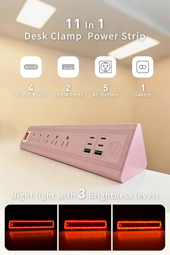 Desk Clamp Power Strip with Nightlight, 40W Fast Charging, 10FT Extension Cord, 4x20W USB-C & 2 USB Ports, 5 AC Outlets, Fits 1.69-Inch Table Edges