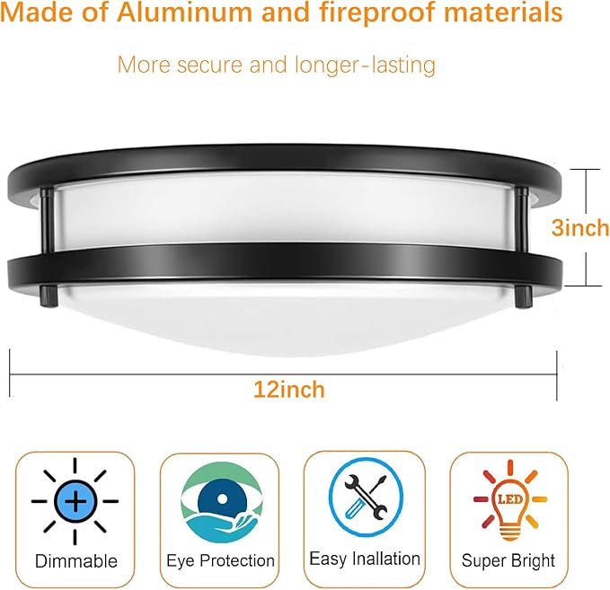 Drosbey 36W Dimmable LED Flush Mount Ceiling Light Fixture, Kitchen Light Fixtures, 12 inch Ceiling Lights for Bedroom, Bathroom, 3000K/4000K/5000K Selectable, Super Bright 3600LM