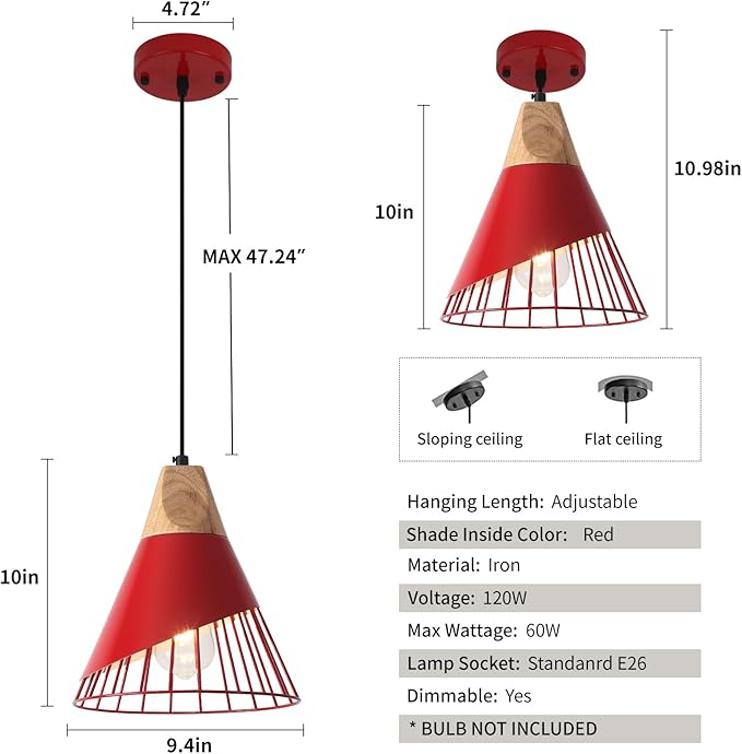 Farmhouse Pendant Light 9.4ines, 2 Packs- Red Industrial Kitchen Pendant Lights for Kitchen Island, Bar, Bedroom, Office, Library