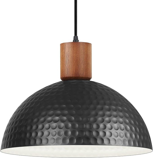 12" Hammered Metal Pendant Light,Black and Wood Pendant Lamp Fixture Ceiling Hanging Light,Modern Industrial Style Dome Hanging Lights for Kitchen Island,Restaurant,Farmhouse Dining Room,Sink,Hallway