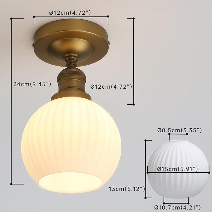 Industrial Globe Semi Flush Mount Pendant Ceiling Light with White Glass Lampshade, Vintage Close to Ceiling Light Fixture for Porch, Hallway, Entryway, Kitchen, Bedroom, Hotel