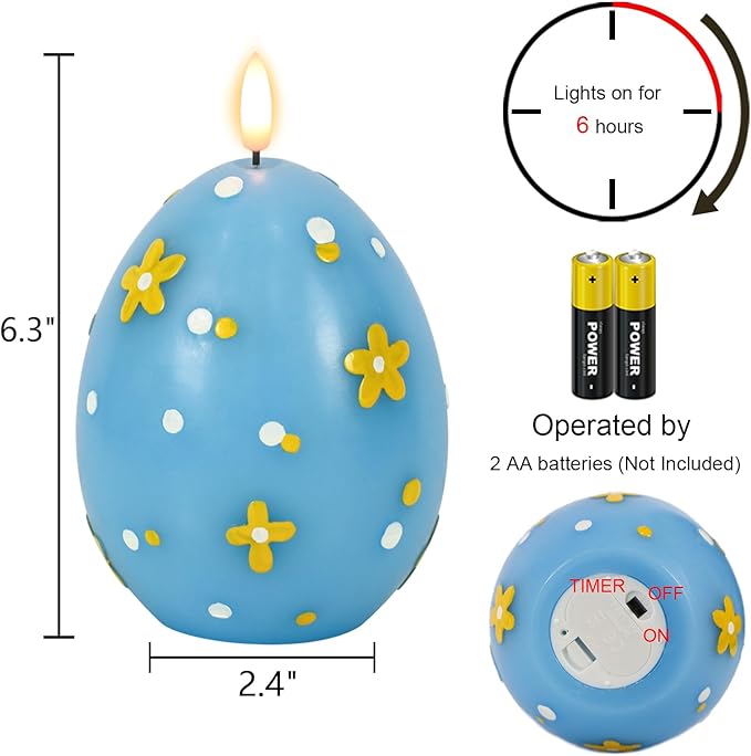 DRomance Easter Flameless Candles Battery Operated with 6 Hour Timer Battery Operated Real Wax Color Painted Easter Egg Shaped LED Flickering Candles Dinner Spring Holiday Decor(Blue, 2.4"D x 6.3"H)