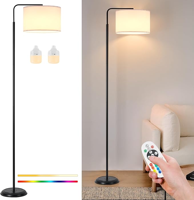 2-Light Dual-Bulb Cordless Floor Lamp, Extra Weighted Base Ultra-Stable Battery Lamp, 3 Color Temps Dimmable 2X Brighter, RGB Remote, Sturdy Standing Lamp for Bedroom Living Room Porch