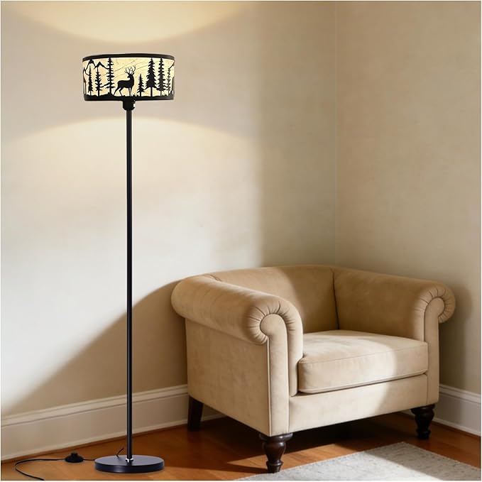 Mid Century Modern Floor Lamp,Unique Deer Bear Black Farmhouse Drum Gothic Floor Lamp with White Parchment,57.67" Tall Metal Rustic Standing Light for Living Room,Bedroom,Home,Office,Corner