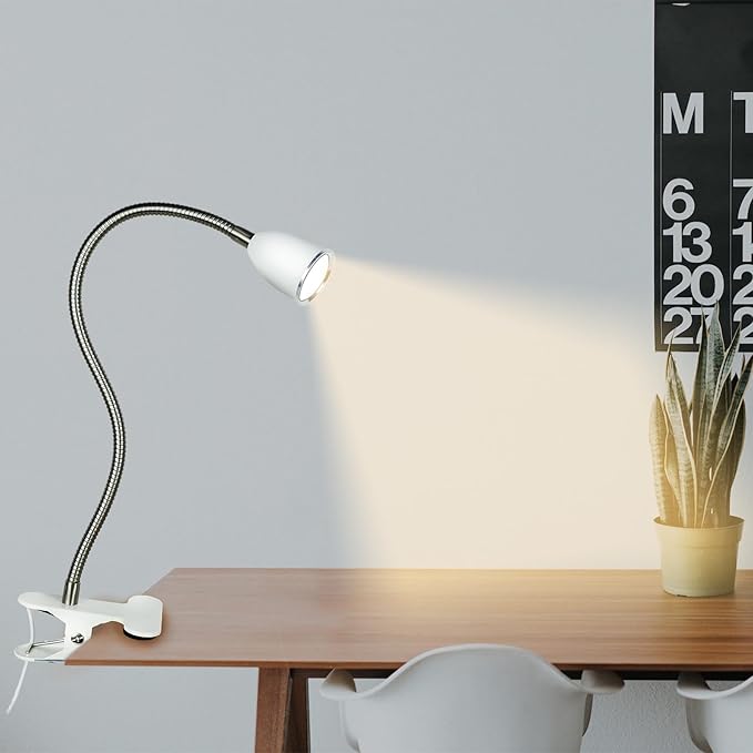 Desk lamp Eye-Caring Table Lamps, 360°Rotation Gooseneck Clip on Lamp Reading Light, Portable Reading Book Light, Clamp Light, Study Desk Lamps for Bedroom and Office Home Lighting (White with Dimme)