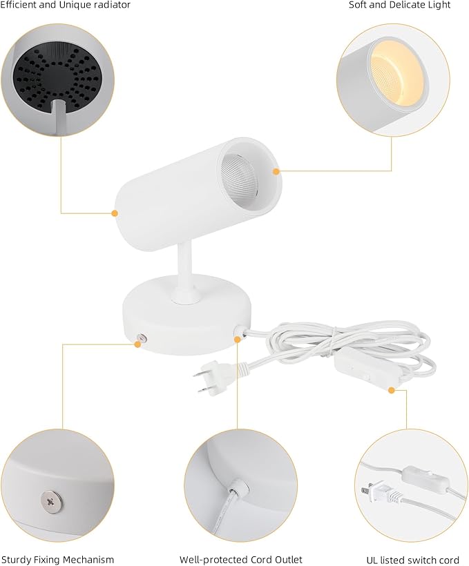 Aisilan 2-Pack 12W White Plug-in Spotlights, 3000K Modern Uplighting with On/Off Switch, COB CRI≥97 Floor Can Lights for Indoor Artwork, Plants, Studio & Accent Lighting