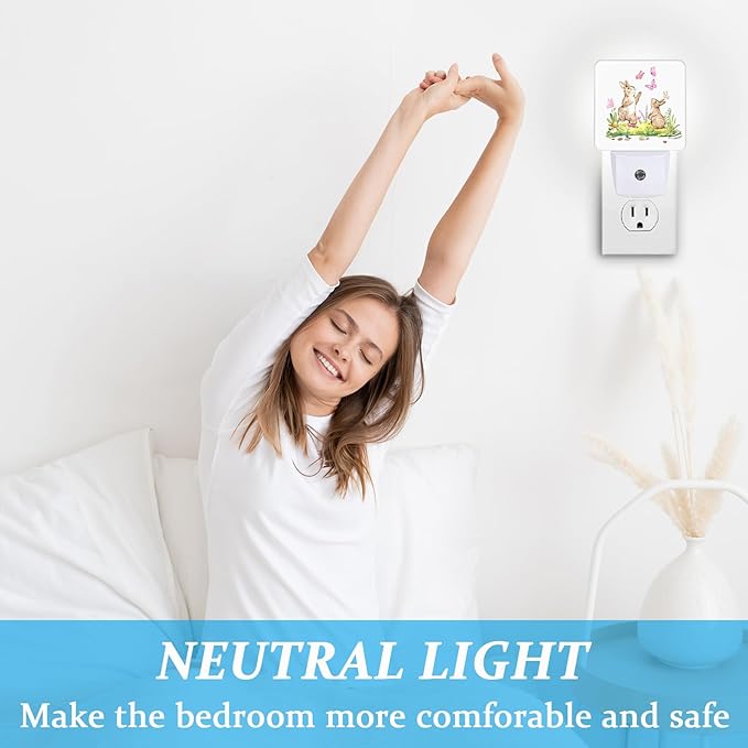Cute Rabbits Butterfly Night Light, Plug-into Wall Happy Easter Bunny Animals Nightlight Lamp with Dusk to Dawn Sensor, Led Lamp 0.5W Energy Efficient for Boys Girls Adults Home Decor