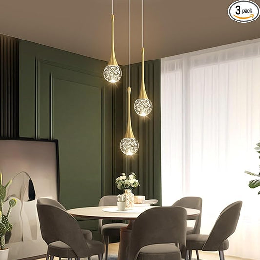 cenzoz 3-Lights Modern Pendant Lights for Kitchen Island LED Dimmable Crystal Glam Ceiling Pendant Lighting Chandelier for Dining Room Hallway Bedroom Corner Lamp Antique Gold