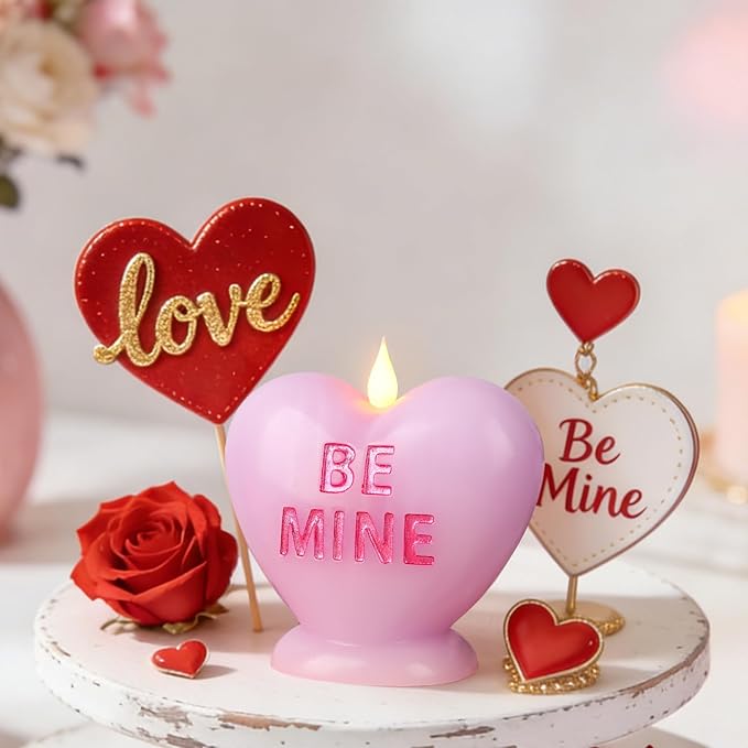 Valentine's Day Heart Shaped Flameless Candle - Battery Operated LED Realistic Wax Candle with Warm Flickering Flame Effect, Romantic Valentine's Day Wedding Home Decor (4.7" x 5.1"),Purple