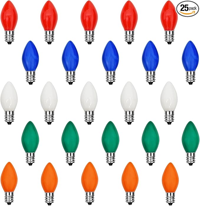 25 Pack C7 LED Christmas Lights Replacement Bulbs,Ceramic Multicolor Christmas Light Bulbs 0.6Watt Dimmable E12 LED Replacement Bulbs for Xmas Tree String Lights