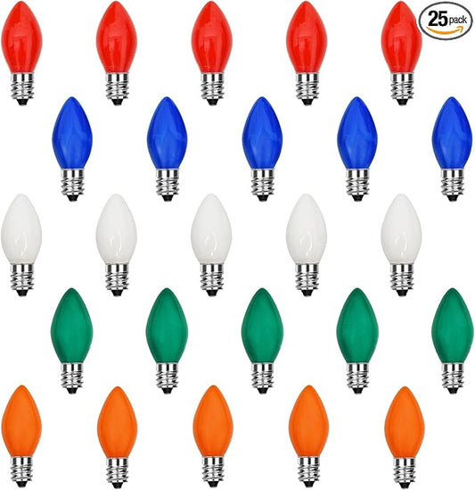 25 Pack C7 LED Christmas Lights Replacement Bulbs,Ceramic Multicolor Christmas Light Bulbs 0.6Watt Dimmable E12 LED Replacement Bulbs for Xmas Tree String Lights