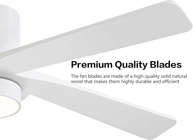 WINGBO 54 Inch Flush Mount DC Ceiling Fan with Lights and Remote, 5 Reversible Carved Wood Blades, 6-Speed Noiseless DC Motor, Hugger Ceiling Fans in White Finish, Low Profile Ceiling Fan, ETL Listed