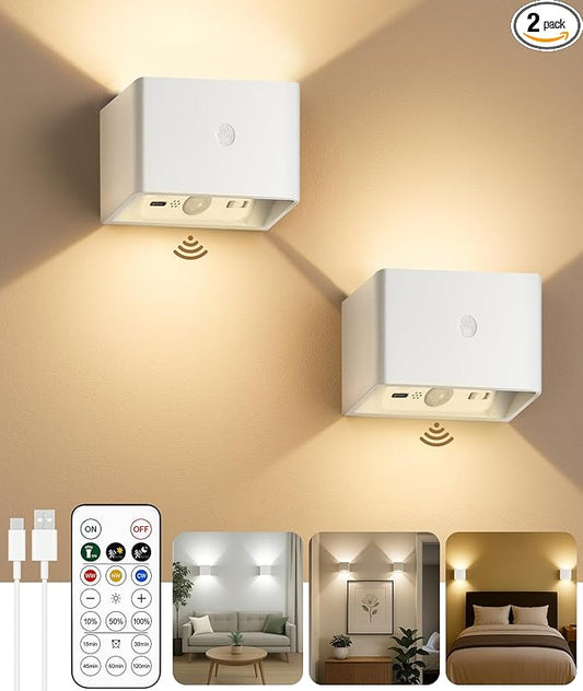 Battery Operated Wall Sconces Set of 2 for Living Room, Wireless Rechargeable Motion Sensor Wall Light with Remote for Bedroom, Bathroom, Hallway, Indoor Ambient Lighting (White)
