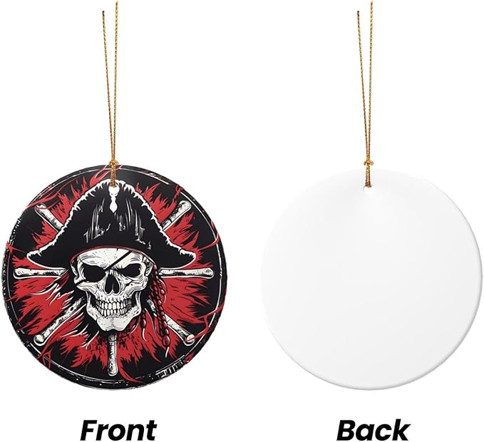 Retro Skull Pirate Christmas Ornaments, Christmas Decorations Xmas Tree Hanging Ornaments, Round Ceramic Festive Keepsake Gift for Xmas Decorations Holiday Home Decor