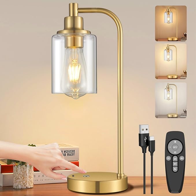 Cordless Table Lamp Rechargeable Gold, 8000mAh Battery Operated Table Lamps with Remote Control, Touch Dimmable Bedside Lamps with Glass Shade, Portable Wireless Lamp for Bedroom, Living Room