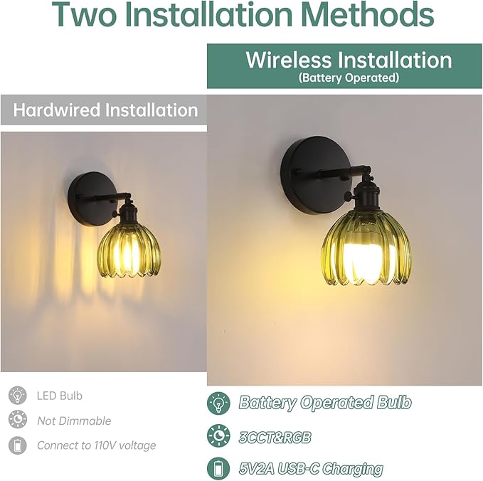 Vintage Battery Operated Wall Sconce with Green Tulip Glass Lampshade Rechargeable Battery Powered Black Wall Light with Remote Control for Bedside Bedroom Doorway, Set of 2