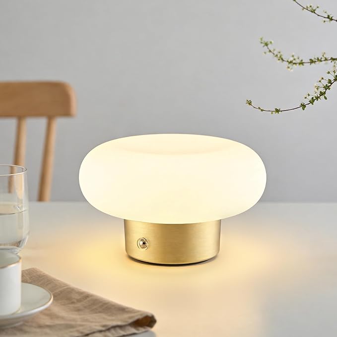Cordless Table Lamp, Gold Rechargeable Battery Operated Lamp, Stepless Dimming Touch Lamp with Glass Lampshade for Bedroom, Living Room, Dining Table, Nightstand, Shelf Decor