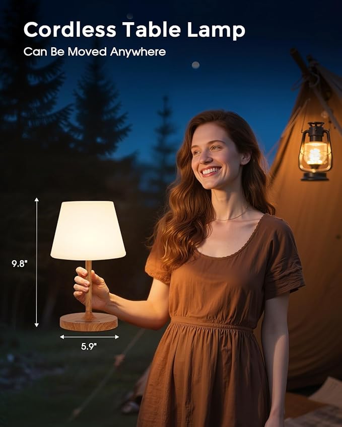 Cordless Touch Table Lamp, 4000mAh Rechargeable Small Desk Lamp with 3 Color Temperatures & Stepless Dimming, Portable LED Bedside Lamp for Bedroom, Living Room, Patio & Camping, Wood Grain