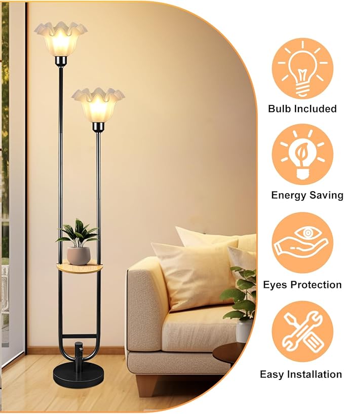 Lightdot Dimmable Flower Floor Lamp for Living Room, Modern Mid Century Floor Lamp with Table, Black Tall Standing Lamp for Bedroom/Sofa Beside/Corner Decor(Bulb Included)