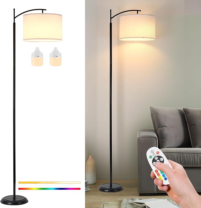 2-Light Cordless Floor Lamp, Weighted Base Ultra Stable, Dual-Bulb 2X Brighter, 3 Color Temperatures Dimmable with RGB Remote, Cordless Standing Lamp for Bedroom Living Room Office Porch