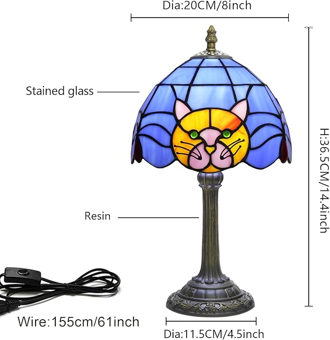 Stained Glass Table Lamp 8 Inch Orange Warm Ambient Lighting Bedroom Small Nightstand Dorm Cafe Office Corner Vintage Home Decoration Table Lamp Blue Cute Cat Lamp