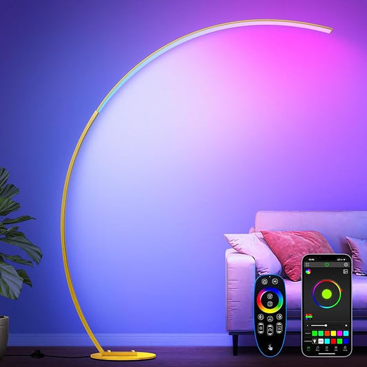 RGB Floor Lamp with 3 Color Temperatures, Ultra Bright 1800LM Smart Arc LED Floor Lamp with Remote Control, Music Sync, Scene Modes, Modern Standing Tall Lamp for Bedroom Living Room Gaming Rooms-Gold