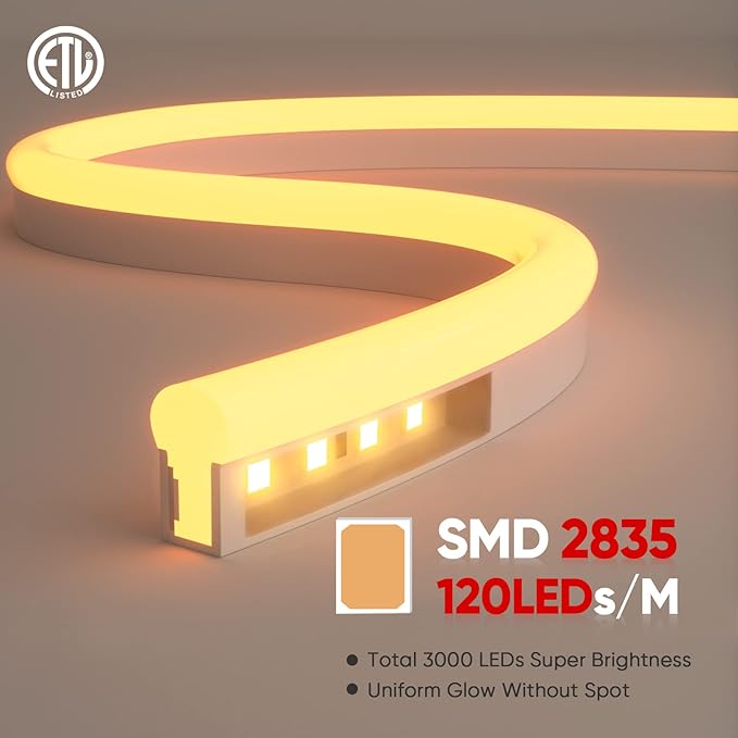 Shine Decor LED Neon Rope Lights AC 120V, ETL-Listed Flexible 120LEDs/M Dotless Strip Lighting, Custom Cuttable & IP65 Waterproof for Indoor Outdoor, 7x14.5mm, 3000K Warm White, 82FT
