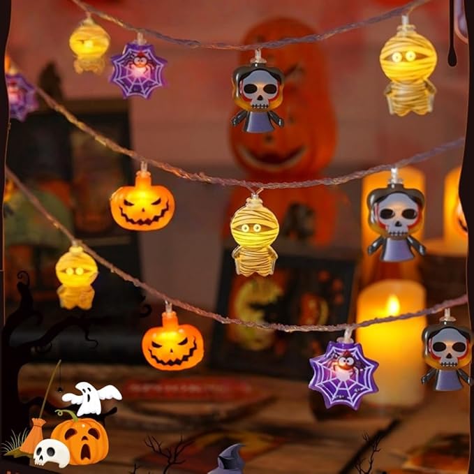 Halloween String Lights 9.8FT 20 LED Battery Powered Outdoor Decor, Cute Pumpkin Mummy Spider Skull Designs, 2 Lighting Modes for Indoor Window Yard Party Decoration (Style B)