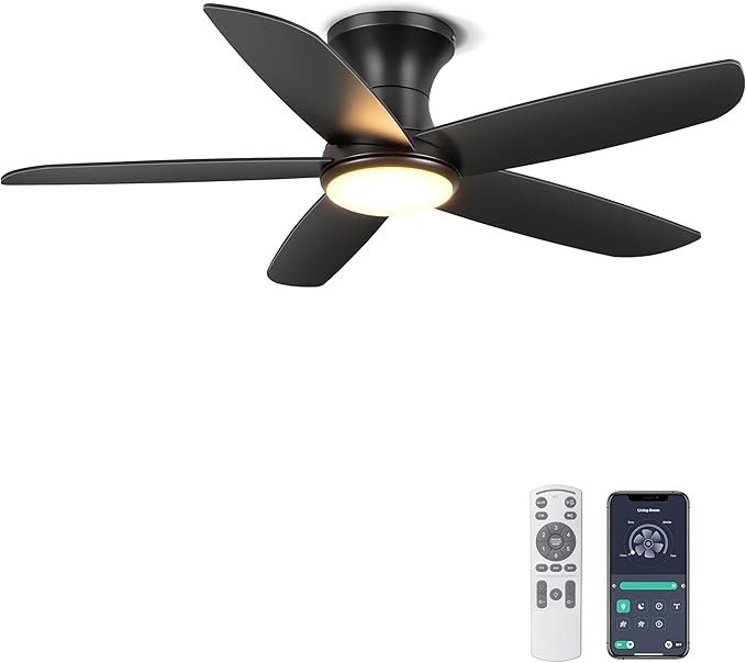 Ohniyou Ceiling Fan with Lights, 46" Flush Mount Ceiling Fans Remote/APP Control - Dimmable, Quiet DC Motor, Indoor Ceiling Fans for Bedroom Kitchen, Black
