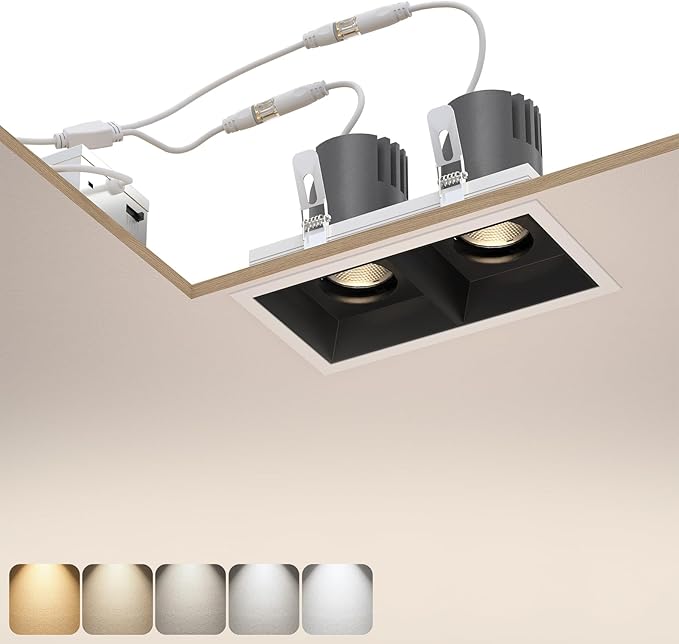 LED Square Recessed Lighting, 24W Adjustable Downlight, Aluminum Recessed Ceiling Light with junction Box, 5 CCT 2700K-6000K, TRIAC Dimming Rotation Spotlight for Living Room Bedroom Hallway Kitchen