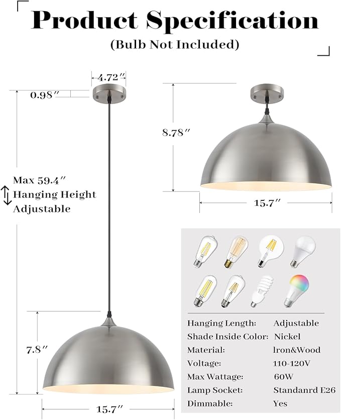 Brushed Nickel Pendant Lights Kitchen Island, 16 Inch Large Dome Pendant Light, Modern Farmhouse Pendant Light for Kitchen Island, Dining Room, Cafe, Bar, 2 Pack