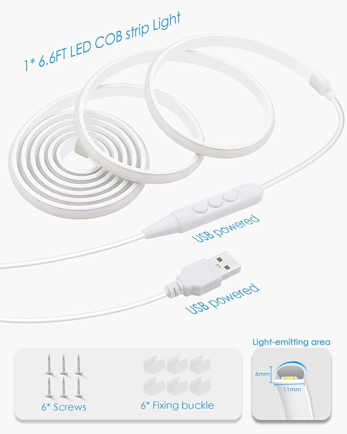 2M COB LED Rope Light Outdoor USB Powered 6.6FT 5V LED Light Strip with Dimmer Daylight White 6000K Dimmable 640LEDs/2M Waterproof IP67 Flexible LED Strip Light for Indoor Room TV Backlight