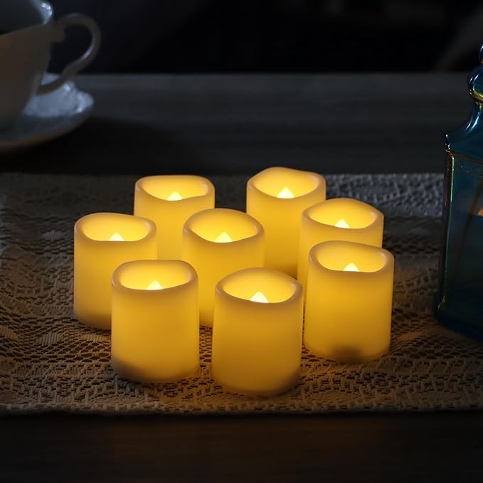 12 Pack Flameless Votive Candles Flickering Electric Fake Candles LED Battery Operated Tea Lights for Home Wedding Decor Party Table Halloween Christmas Decorations, Amber Yellow Glow