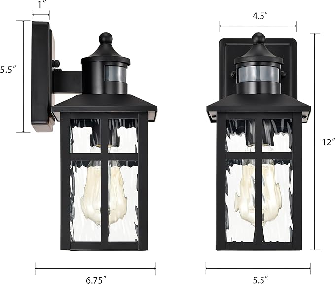 Edvivi Motion Sensor Porch Lights Outdoor, Dusk to Dawn Outdoor Lighting Wall Sconces with Water Glass, Matte Black Wall Mounted Lantern Light Wet Rated Exterior Lighting Fixtures for House 2-Pack