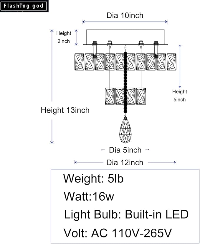 Flashing God 12" Modern Crystal Chandeliers Black Flush Mount Ceiling Chandelier Mini Chandelier for Hallway LED Dimmable Crystal Pendant Light for Dining Room Living Room Bedroom