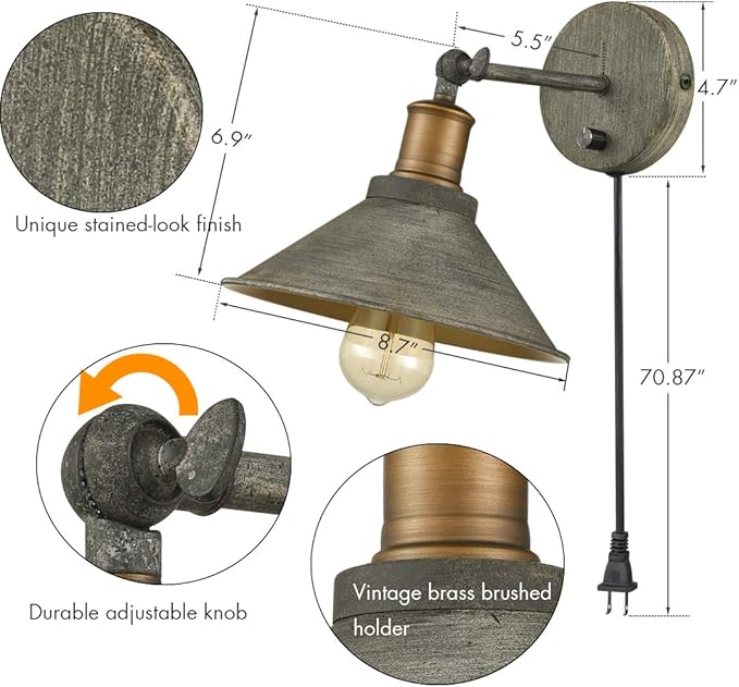 Vintage Farmhouse Wall Sconces Hardwired or Plug-in Bedroom Bath Wall Lamps Set of 2 with on/Off Switch