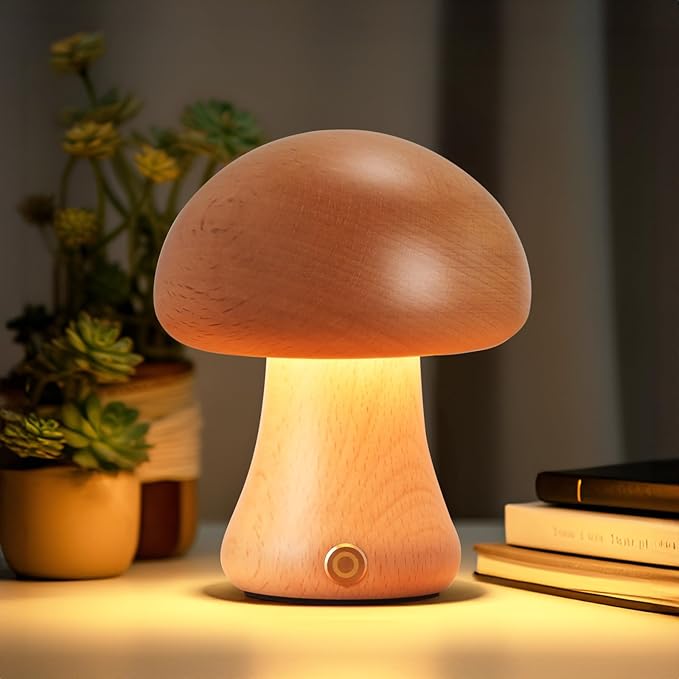 Creative Wood Mushroom Table Lamp, Portable Cordless Small Lamp, Rechargeable Battery Operated Lamp,Stepless Dimming, Night Light for Birthday Gifts, Creative Home Decor Unique House Gift