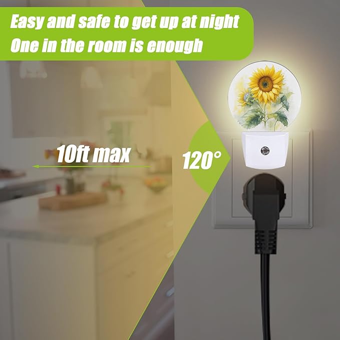 Watercolor Sunflower Night Light,Sunflower Green Leaf Plug-in Night Lights with Dusk-to-Dawn Sensor for Bedroom Bathroom and Living Room Sleep Friendly lamp