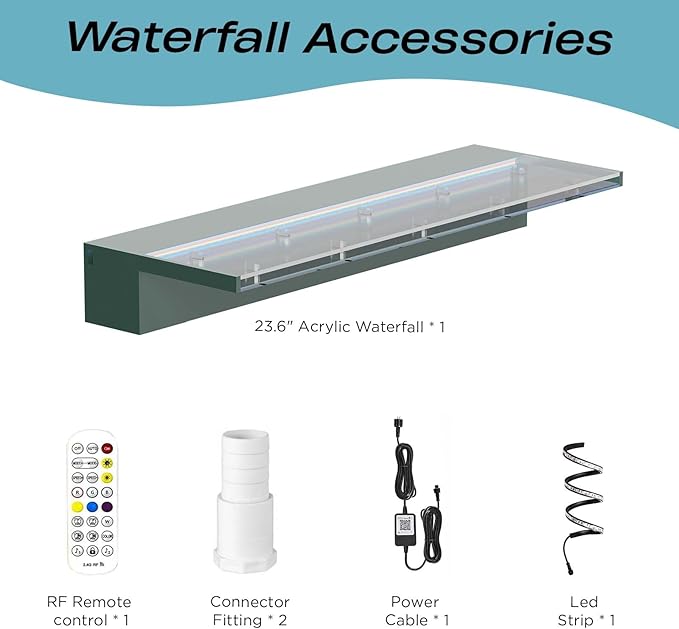Acrylic Pool Fountain Waterfall with LED Lights - 23.6" LED Strip Remote Control with 18 Colors, Smooth Water Flow & Cascade Blade, Easy Installation for Outdoor, Garden, Patio & Ponds