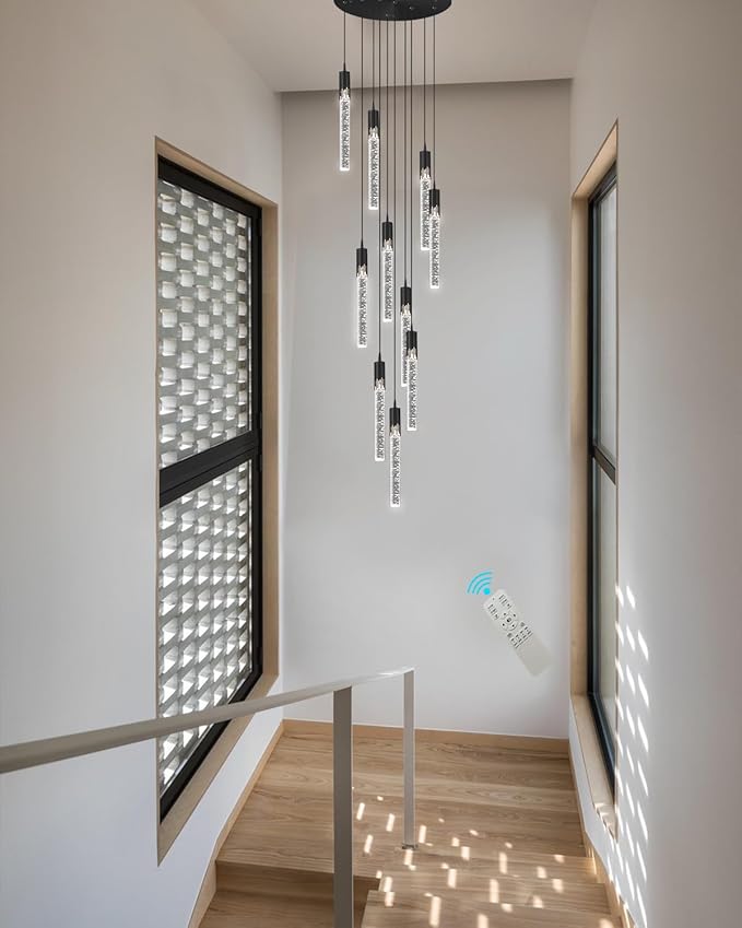 Flashing God Modern LED Chandelier, 10 Lights Black Dimmable Pendant Light with Remote High Ceiling Chandelier for Staircase Living Room Hallway Foyer