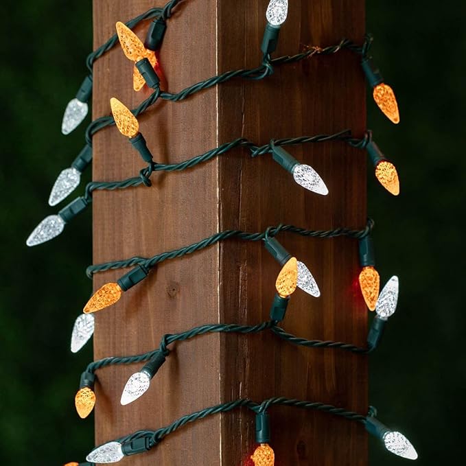 Novelty Lights 24FT 70 LED C6 Christmas String Lights, Outdoor Tree Commercial Grade LED Lights, Permanent Christmas Decorations (Orange/Pure White)