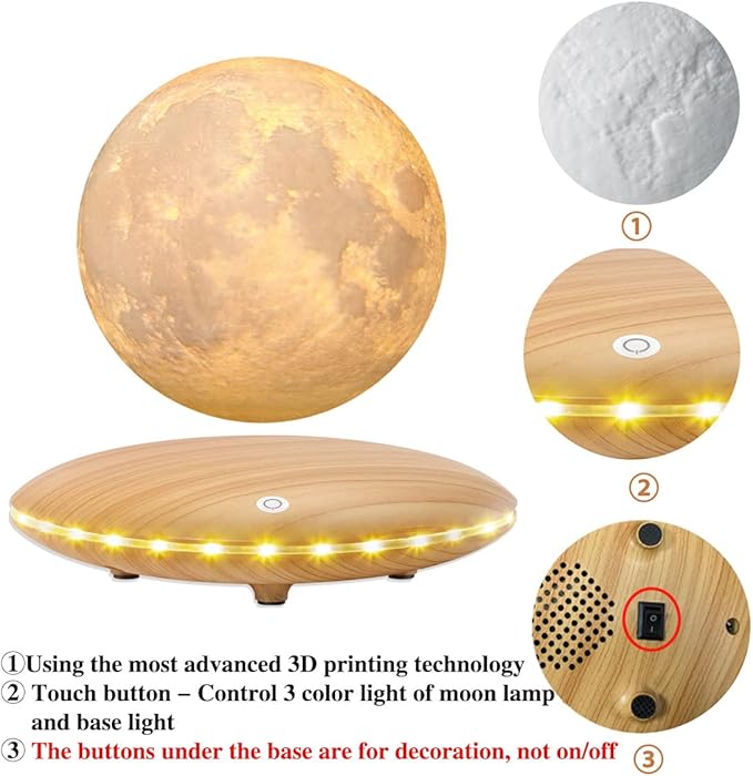 Levitating Moon Lamp, 3D Printing Moon Light Lamp with Touch Control and Wooden Base,Magnetic Floating Rotating LED Light Night for Home、Office Decor, Creative Gifts