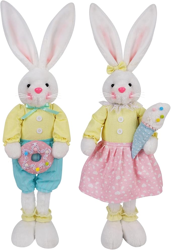 Glintoper 2 Pack Easter Decorations Standing Bunny with Stretchable Legs, 21" to 26" White Rabbits Couple Figurine, Party Favor Photo Props Gifts for Office Kitchen Farmhouse Front Door Spring Home