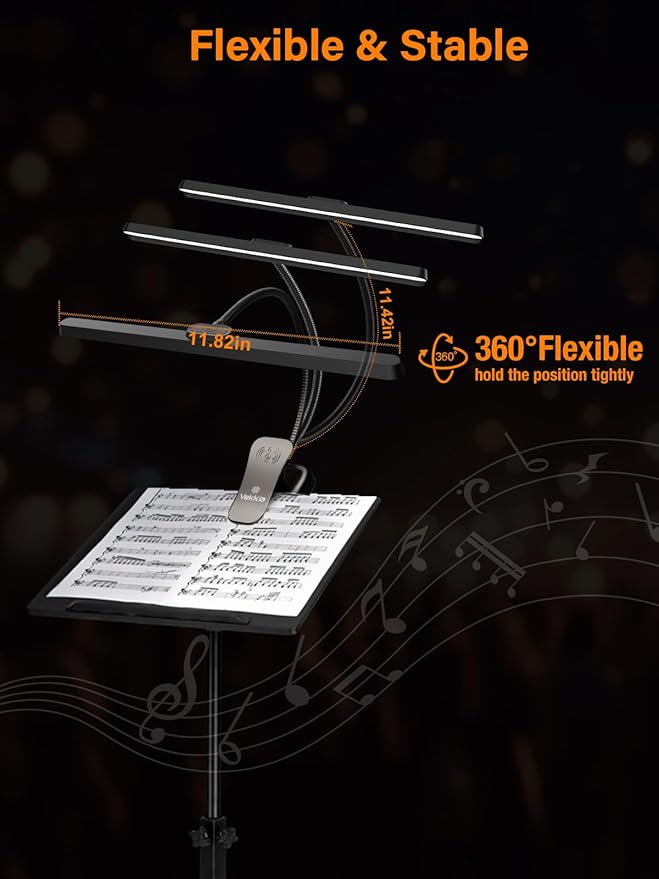 Vekkia Professional 116 LED Rechargeable Music Stand Light - Foldable Clip-on Lamp, Eye-Protective, 5 Brightness & 3 Color Temp Adjustments, for Piano, Reading